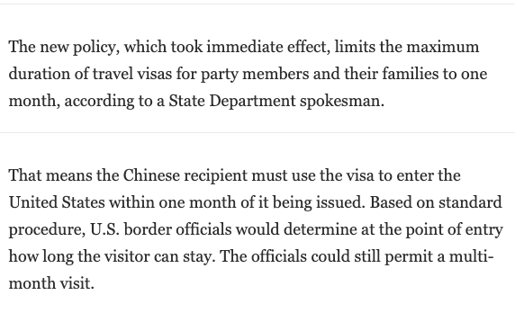 美国限制中共党员及家属赴美旅行根据《美国纽约时报》报道一篇文章表明，“该政策将中国共产党党员及其直系亲属B1/B2访问签证的最长有效期从10年缩短为一个月以及改为单次入境。” 

受到这条政策影响，从近期开始党员身份在北京上海等领区办理B签，就只会给签发1个月的有效期，目前不知道什么时候结束🔚，所以请大家按需安排好出行日期。